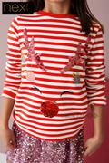 英国Next女童大童红色条纹圣诞驯鹿长袖亮片T恤A69-691