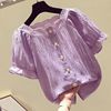 雪纺上衣女短袖2024韩版夏季百搭遮肚子显瘦紫色甜美雪纺衬衫