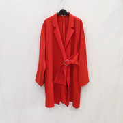 法式长袖西装领气质小个子显瘦风衣女红色，时尚中长款休闲外套春秋
