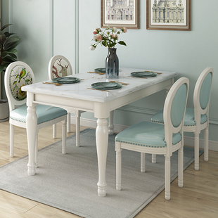 伊久美式全实木大理石，餐桌椅组合餐厅白色长方形，家用小户型饭桌