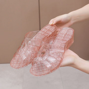 水晶透明坡跟女拖鞋浴室鞋PVC中跟塑胶平底鞋中老年妈妈外穿凉鞋