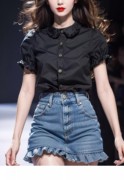 南油高货！夏季设计感气质独特黑色短袖荷叶领衬衫女韩系减龄