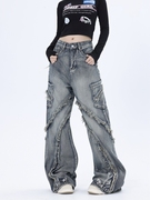 hiphop牛仔裤男女秋季美式高街水洗拼接毛边，设计小众宽松直筒长裤