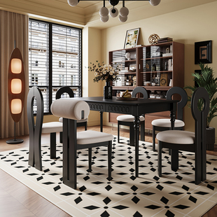法式复古长方形实木餐桌椅，组合北欧美式黑色中古风家用小户型饭桌