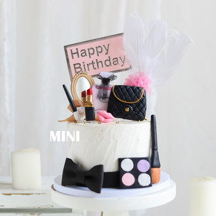 烘焙蛋糕装饰口红包包香水，眼影盘化妆品，系列珍珠镜子羽毛生日插件