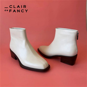 CLAIR de FANCY轻奢时尚英伦方头粗跟后拉链骑士靴女短靴1506337