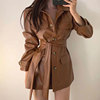 韩国chic秋冬复古帅气深棕色pu皮夹克系带中长款机车皮衣外套女