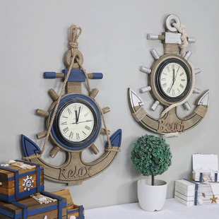 中地海船锚复古墙壁挂钟客厅木质船舵时钟酒吧做旧装饰品创意钟表