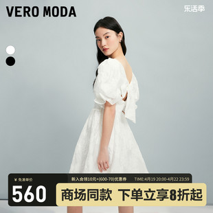 Vero Moda连衣裙2024春夏方领五分泡泡袖花朵短裙可爱度假