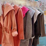 日本制vintage复古撞色纯色可爱大翻领，连帽羊毛呢子宽松大衣外套