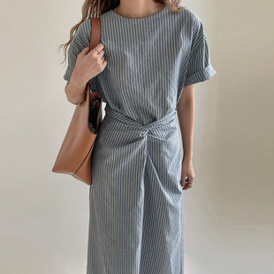韩国东大门复古气质撞色条纹，纽结设计系带收腰显瘦短袖连衣裙女