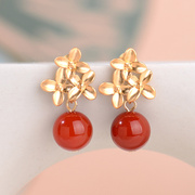 天然南红玛瑙耳钉女叶子耳环，喜庆红色珠子，复古耳饰中式婚礼银耳坠