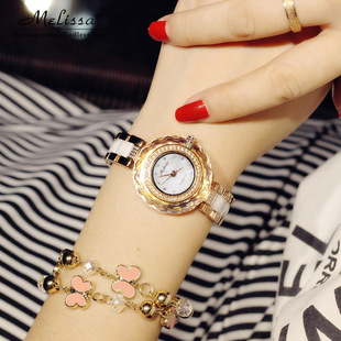 玛丽莎时尚水晶女士陶瓷手链表 韩版学生石英防水钻时装腕表