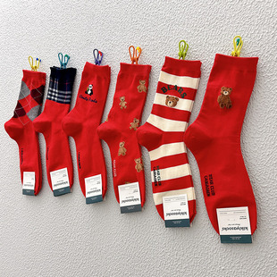 韩国男士袜子，秋冬kikiyasocks本命年红色棉袜吸湿排汗男生中筒袜