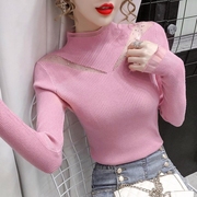 粉色烫钻镂空针织衫女长袖设计感早秋修身显瘦半高领打底衫上衣潮