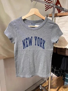 brandybaby夏修身(夏修身)圆领纽约newyork字母，印花短袖t恤短款上衣