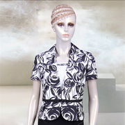 香港名师路夏装商务气质黑白色写意玫瑰印花职业西装短袖上衣外套