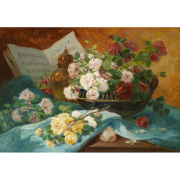 欧式餐厅花卉装饰画 静物玫瑰花瓶和乐谱手工油画音乐复制品植物