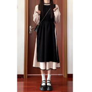 安小落黑色两件套装裙子，2023秋装长袖，设计感拼接刺绣边连衣裙
