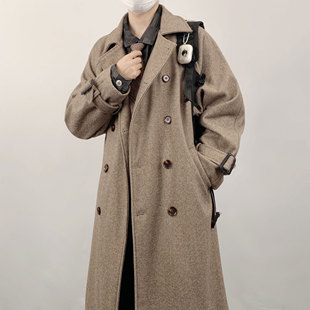 木村叔dk日系复古西装大衣，男人字纹双排，扣灰色男生冬季中长款外套
