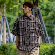 urbanstandard日系条纹格子，衬衫男短袖夏季休闲宽松山系衬衣