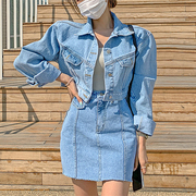 韩国东大门秋季复古洗水时髦牛仔短外套+高腰a字短裙两件套套装女