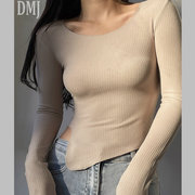 DMJ 2022大领口紧身显瘦性感露脐下摆开叉长袖T恤修身打底衫