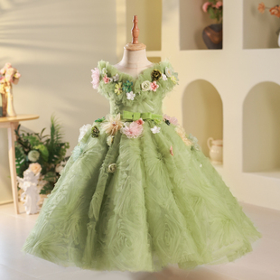 女童礼服绿色精灵森系花朵生日，公主裙儿童，主持人走秀钢琴演出服春