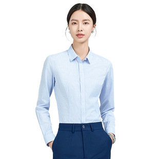 女士衬衫女款全棉政府，银行职业装dp成衣免烫衬衣，100s蓝色条纹长袖