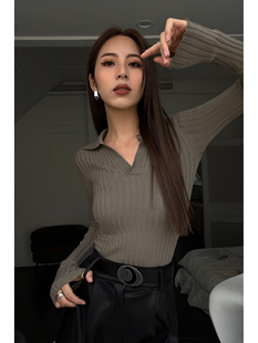 nevahu黑色v领长袖polo针织衫，女2023韩版修身显瘦内搭打底衫