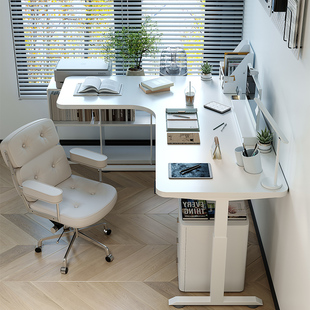 简约现代白色电动办公桌智能黑胡桃实木电脑桌子定制转角升降书桌