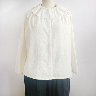 原创设计早春季双层纱纯棉上衣纯乳白色甜美荷叶领宽松休闲衬衫