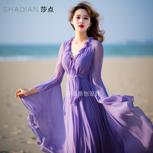 紫色雪纺长裙v领收腰显瘦连衣裙，春夏过膝大摆裙海边沙滩长裙