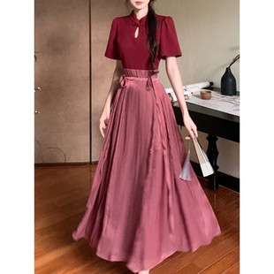 新中式复古国风红色改良旗袍夏季大码设计感小众拼色假两件连衣裙