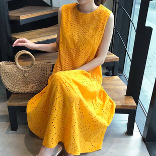 韩国chic夏季优雅气质圆领，显瘦重工蕾丝，钩花缕空宽松连衣裙长裙女