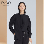 EMOO杨门2023秋季黑色衬衫女立领飘带简约通勤风休闲宽松衬衣
