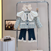 eyas娃娃领小香风外套喇叭裤，套装2023秋装，女童上衣花边长裤两件套
