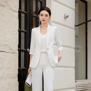 白色小西装外套女夏季薄款职业装高级感七分袖，ol气质正装西服套装