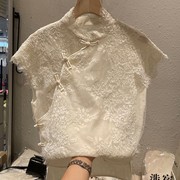 无袖蕾丝雪纺小衬衫，夏季2023女装中式复古盘扣上衣超仙女衬衣