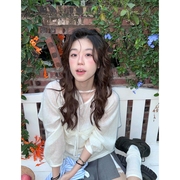 韩系甜妹设计小众白色蝴蝶结系带纯欲微透针织长袖罩衫上衣T恤女
