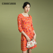 香莎CHANSARR 优雅气质橙色印花中袖连衣裙 舒适纯棉 收腰显瘦裙