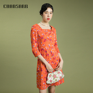香莎chansarr优雅气质，橙色印花中袖连衣裙，舒适纯棉收腰显瘦裙
