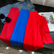 红色半高领短袖宽松t恤直筒型打底流行上衣，时尚休闲洋气d》21