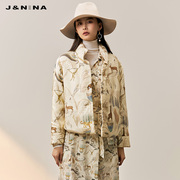 J＆NINA捷恩尼纳时尚印花两面穿白鹅绒羽绒服女冬季保暖百搭外套