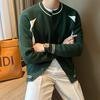 NR先生美式拼色棒球服款针织开衫潮男圆领排扣长袖绿色毛衣小外套