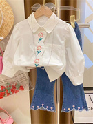 女宝宝春季花朵刺绣娃娃领衬衫24女孩韩版洋气微喇牛仔裤套装