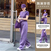 春装搭配一整套时尚2024韩版紫色圆领套头T恤阔腿裤两件套女