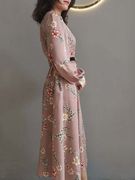 优雅裸粉色欧货品质22姆米双乔真丝(乔真丝，)印花连衣裙灯笼袖大摆长裙
