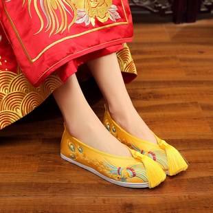 秀禾鞋婚鞋黄色中式平底布鞋21金色新娘结婚鞋配龙凤褂绣花鞋