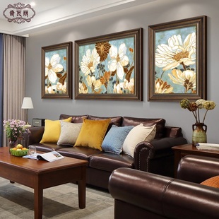 美式客厅装饰画沙发背景墙挂画手绘油画欧式三联画壁画，轻奢高级感